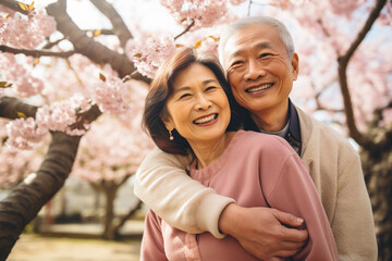 senior Asian couple embrace and smile happily among the cherry trees and falling snow. Japan romantic color of Sakura flowers background. Happy love moment in Japan with sakura trees blossom.