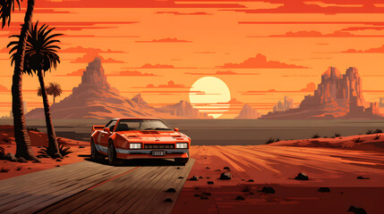 Car racing on street sunset, illustration, concept art pixel art, game art, retro futuristic, generative AI	