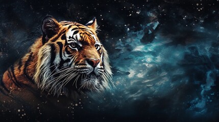 Fototapeta na wymiar space for text on textured background surrounded by a male tiger in water color style, background image, AI generated