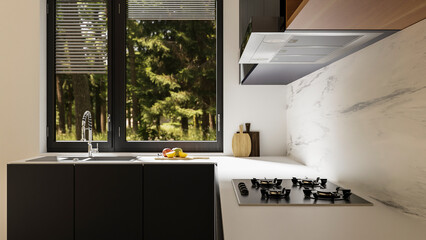 Kitchen with charcoal and glossy white colors