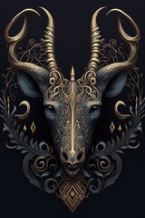 Digital art of a goat head with gold horns and floral patterns on a black background, a stunning and majestic depiction of a wild creature.