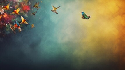 space for text on textured background surrounded by colorful birds, background image, AI generated