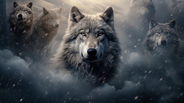 space for text on textured background surrounded by wolves, background image, AI generated