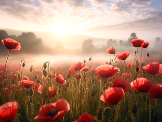 Beautiful red poppy field at sunrise dawn. 