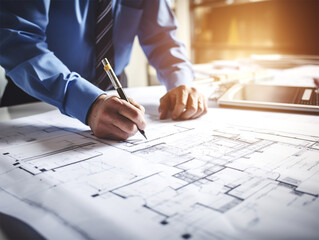 Architect checking on design blueprint laid out on table. Civil engineering or building construction concept.