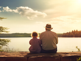 Father and son sitting by the lakeside. Relationship and family bonding concept.