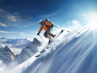 Naklejka na ściany i meble An athlete skier makes a jump on a snow mountain. Winter extreme sports concept.