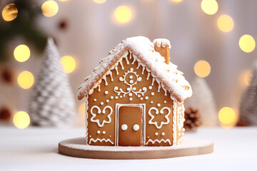 A festive christmas gingerbread house decorated with white icing