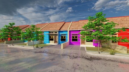 Street with modern and beautiful houses. 3D rendering