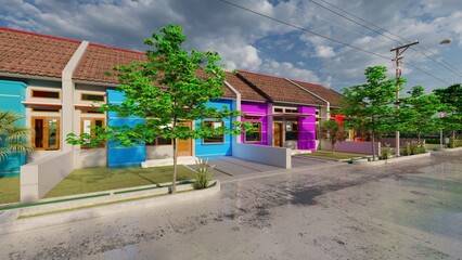 Street with modern and beautiful houses. 3D rendering