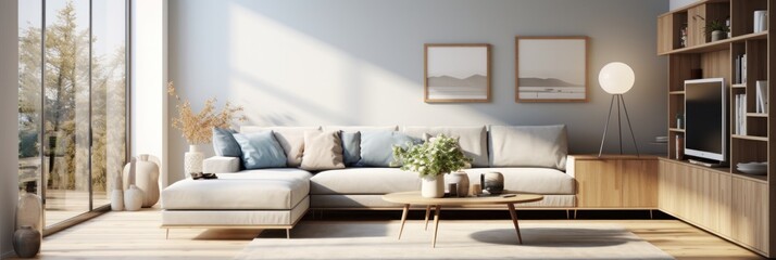 Scandinavian modern living room, interior design, generative AI - obrazy, fototapety, plakaty