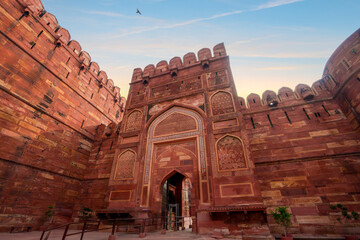 Amar Singh Gate Entrance to the Red Fort, Uttar Pradesh, India. Agra Fort is a historic red sandstone fort and a UNESCO World Heritage Site.