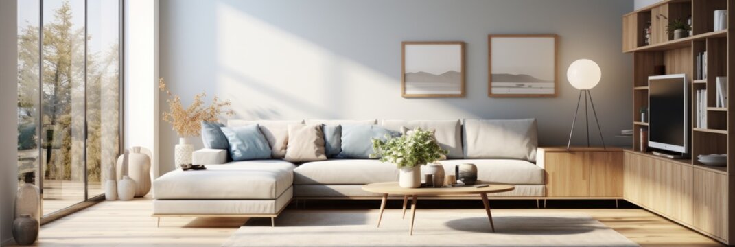 Fototapeta Scandinavian modern living room, interior design, generative AI