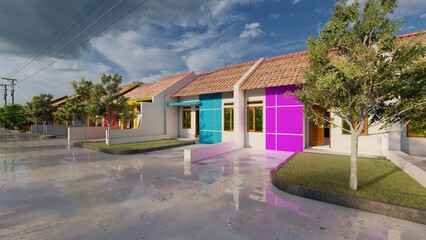Architectural 3D rendering illustration of modern minimal house with garage and natural scenery background