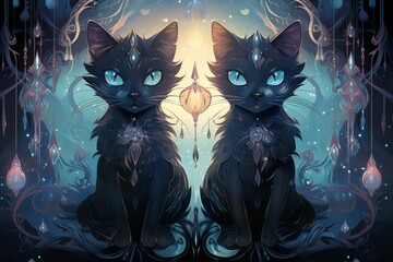 Bewitching moonstone cats, their eyes shimmering with lunar light and mystery - Generative AI