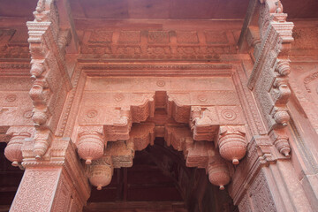 The aesthetic & military strategic architectural design of the Red Fort, India. Agra Fort is a...