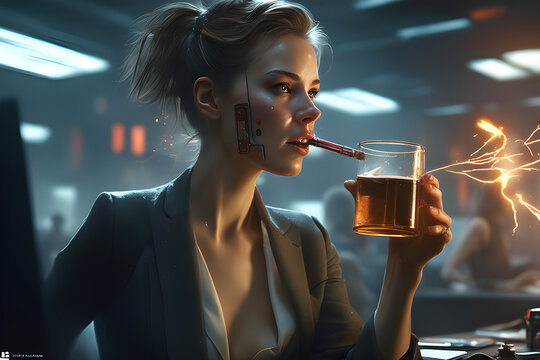 woman drinking cocktail in bar and cigarette.
Generative AI.