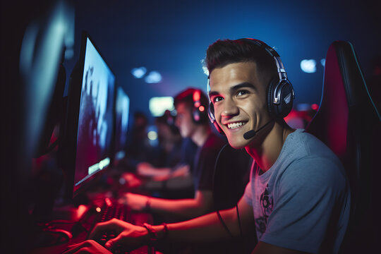 Esports Gamer in Action: Enthusiastic Young Man Playing Competitive Video Game - Gaming Lifestyle, Esports Tournament, Professional Gamer, Online Streaming, Gaming Community, Entertainment 