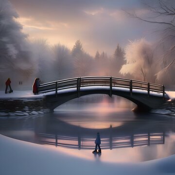 Children skating on a frozen pond with a quaint, snow-covered bridge in the background2