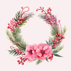 Watercolor pink Christmas wreath with floral elements.