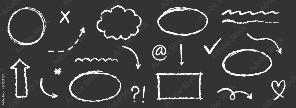 Aufkleber Chalkboard arrow, underline element vector set. Hand drawn sketch style arrow, oval and rectangle frame, underline on blackboard. Doodle grunge element set. Vector illustration.