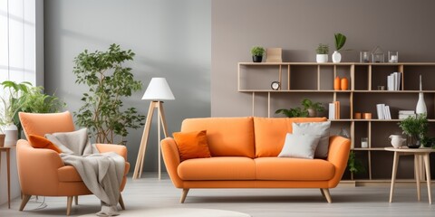 Fototapeta premium orange sofa and recliner chair in scandinavian apartment, generative AI