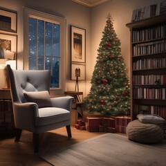 A cozy book nook with a reading chair and a stack of Christmas books1