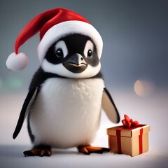 Fototapeta premium A cute penguin dressed as Santa Claus with a red hat and a tiny gift bag4