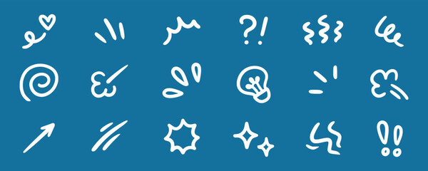 Fototapeta premium Line movement effect element, express anime effect decoration icon. Hand drawn cute doodle line element arrow, emphasis, shock, sparkle. Anime movement, express shape. Vector illustration