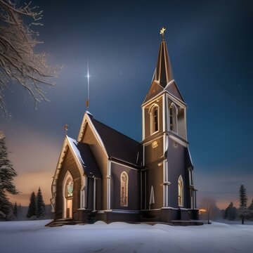 A picturesque church with a tall steeple and a starry night sky on Christmas Eve5