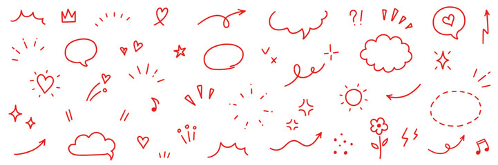 Cute red line icon sketch element. Hand drawn red line sketch text decoration star sparkle, arrow, heart element set. Simple drawn sun sparkle, flower, emphasis symbol background. Vector illustration