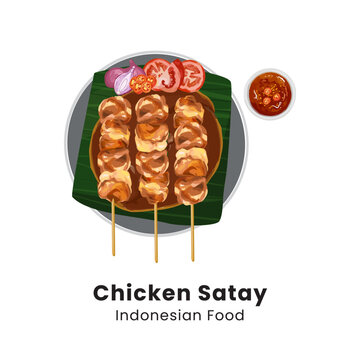 Indonesian famous food : sate ayam (chicken satay) , served with peanut sauce. Hand drawn watercolor vector illustration