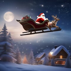 Santa Claus flying across the night sky in his sleigh, pulled by reindeer1