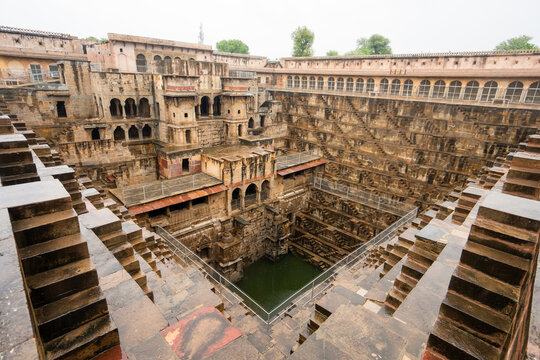 Stepwells, also known as bawdi or baori, are unique to this country.  Chand Baori, it is one of the largest stepwells in the world. Rajasthan, India.