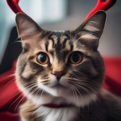 A mischievous cat in a reindeer outfit with antlers and a red nose2
