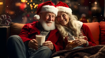 Fototapeta na wymiar elderly senior couple watching a festive movie on movie night