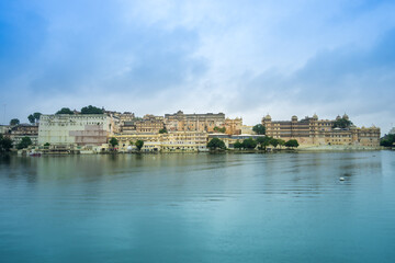 View of the Udaipur City Palace from Lake Pichola. Udaipur City Palace is a palace complex in the city of Udaipur, Rajasthan, India.