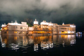 Stunning views of Udaipur City Palace at night from Lake Pichola. Udaipur City Palace is a palace complex in the city of Udaipur, Rajasthan, India.