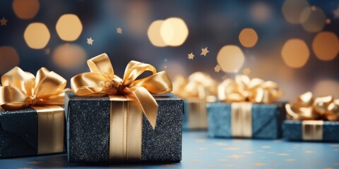 Christmas gift boxes with gold bow on blue defocused holiday background, generative AI - obrazy, fototapety, plakaty
