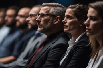 People, from corporate executives, managers to CEOs, attending a seminar as they sit listening attentively to talks by industry leaders at a business conference. Participants, audience at a lecture.