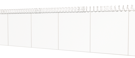 The fence is a wire mesh lattice, with barbed wire wrapped on top to restrict climbing.