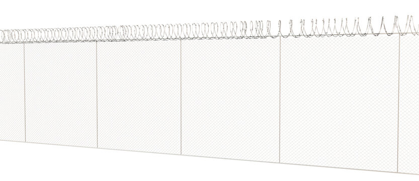 The fence is a wire mesh lattice, with barbed wire wrapped on top to restrict climbing.