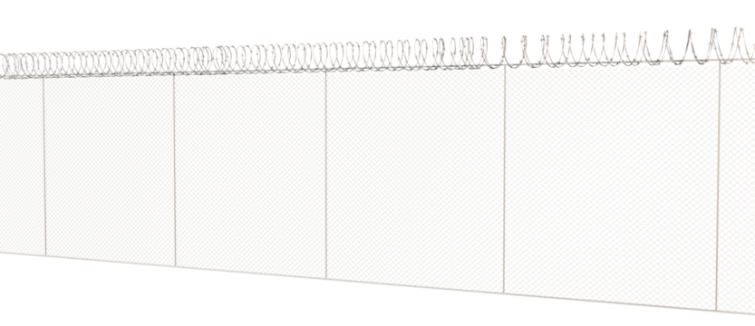 The fence is a wire mesh lattice, with barbed wire wrapped on top to restrict climbing.