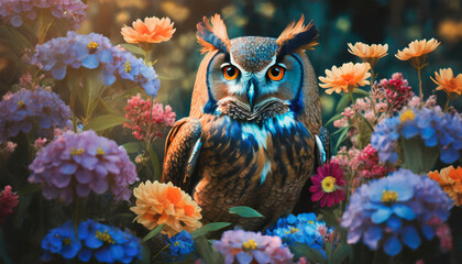 Close-up of owl in nature with  flowers - obrazy, fototapety, plakaty