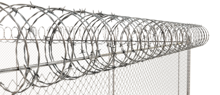 The fence is a wire mesh lattice, with barbed wire wrapped on top to restrict climbing.