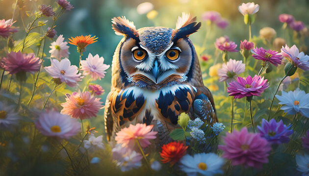 Close-up of owl in nature with  flowers