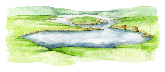 Green valley lake watercolor illustration. Hand drawn valley with a lake landscape element. Natural outdoor scene. Natural pond among meadows with green lush grass. Isolated on white background