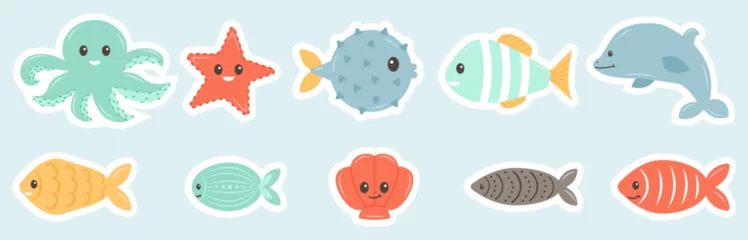 Cercles muraux Vie marine Set with hand drawn sea life stickers. Sea animals. Ocean vibes. Doodle cartoon set of marine life objects. Vector illustration