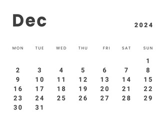 Template design of Monthly Calendar on december 2024. Vector layout minimal calendar with week start Monday.