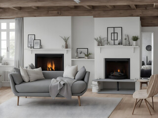 Fototapeta premium Rustic scandinavian home interior design of modern living room with gray daybed sofa next to fireplace. Generative AI.